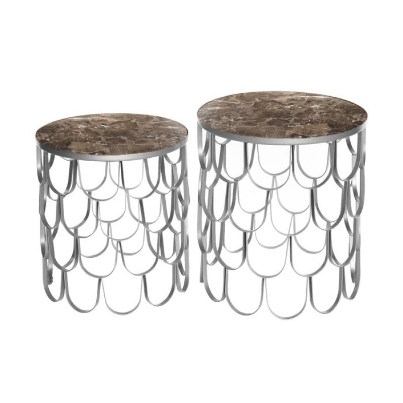 AD SIDE TABLE BROWN MARBLE SET OF 2 - CAFE, SIDE TABLES